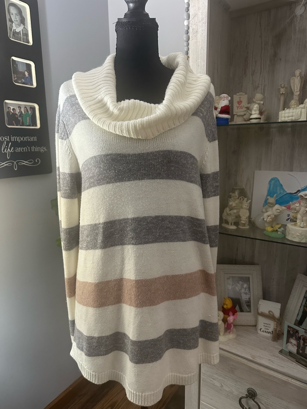 Apt. 9 Ivory Cowl Neck Sweater with Gray and Tan Stripes